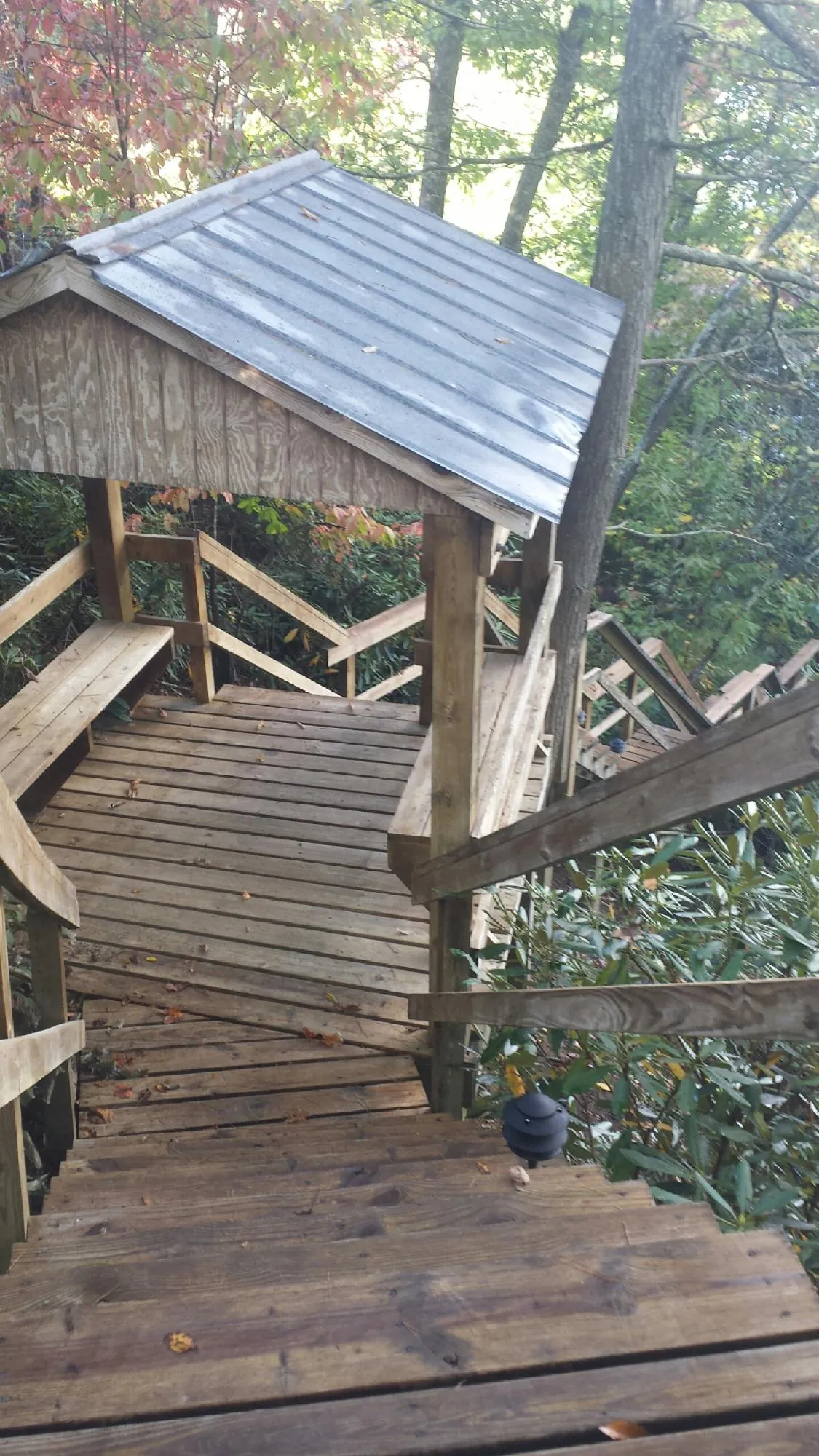 Metal roofed shelter over wooden steps on a wooded walkway — Skylight Repair & Installation work by our crew in Sunbright